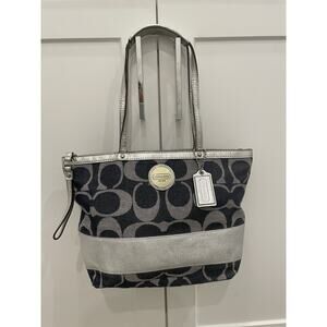 Coach Signature Denim Silver Straps Stripe Tote Bag F17433